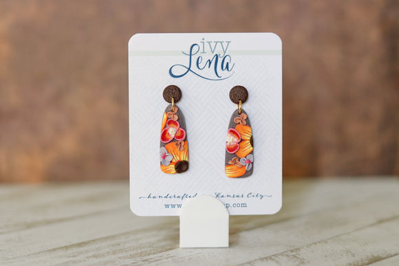 Handcrafted Polymer Clay Earrings- Brown & Orange Floral