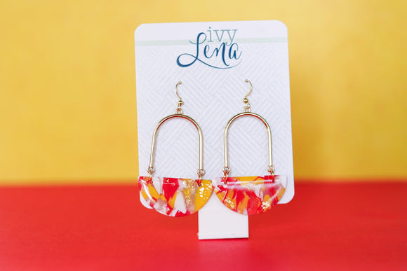 Handcrafted Polymer Clay Earrings- Red, Yellow, & Gold Marble