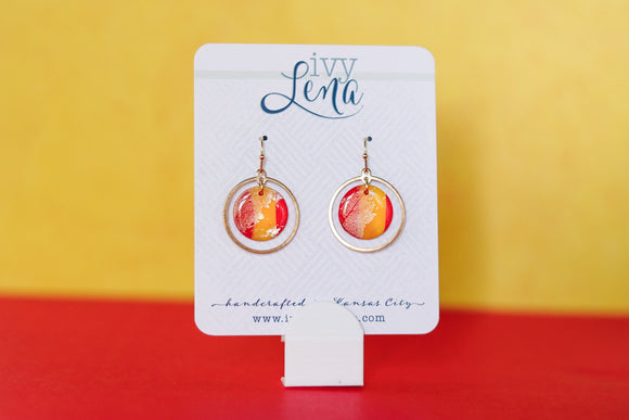 Handcrafted Polymer Clay Earrings- Red, Yellow, & Gold Marble
