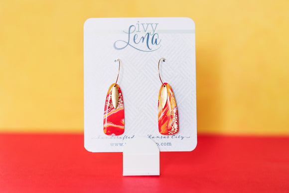 Handcrafted Polymer Clay Earrings- Red, Yellow, & Gold Marble