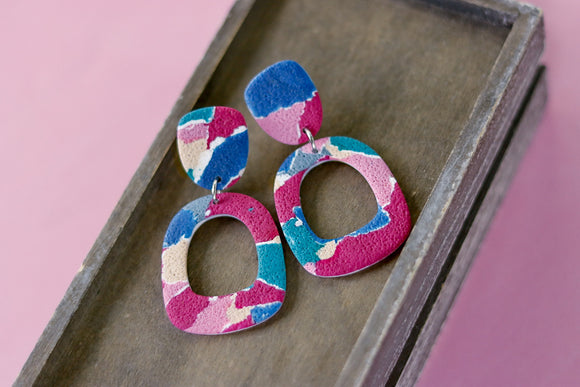 Handcrafted Polymer Clay Earrings- Fuchsia, Teal, Blue Mix