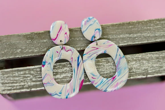 Handcrafted Polymer Clay Earrings- Fuchsia, Blue, & Tan Marble