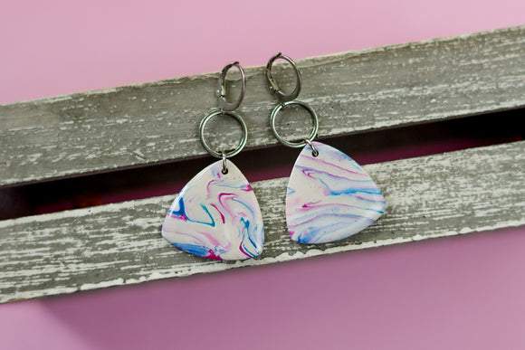 Handcrafted Polymer Clay Earrings- Fuchsia, Blue, & Tan Marble
