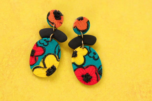 Handcrafted Polymer Clay Earrings- Teal Floral