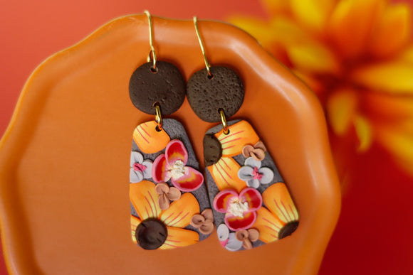 Handcrafted Polymer Clay Earrings- Brown & Orange Floral