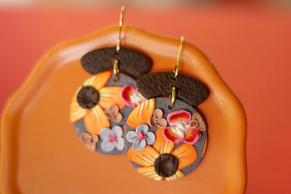 Handcrafted Polymer Clay Earrings- Brown & Orange Floral