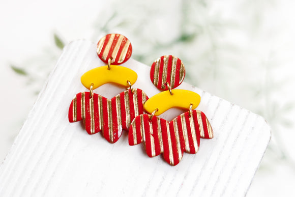 Handcrafted Polymer Clay Earrings- Red & Gold Stripe