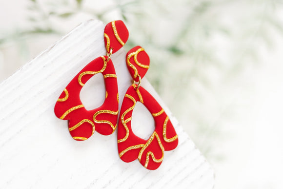 Handcrafted Polymer Clay Earrings- Red & Gold Rope
