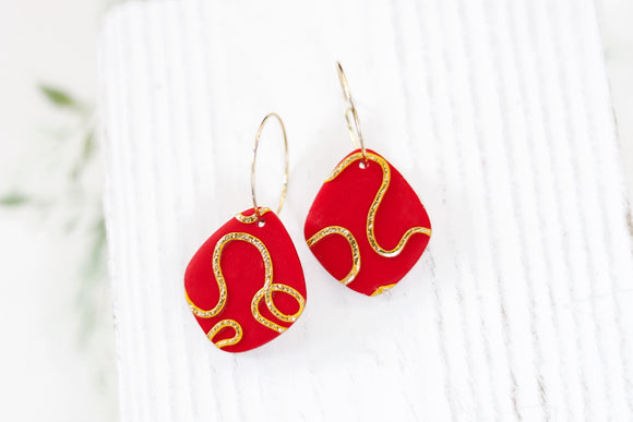 Handcrafted Polymer Clay Earrings- Red & Gold Rope