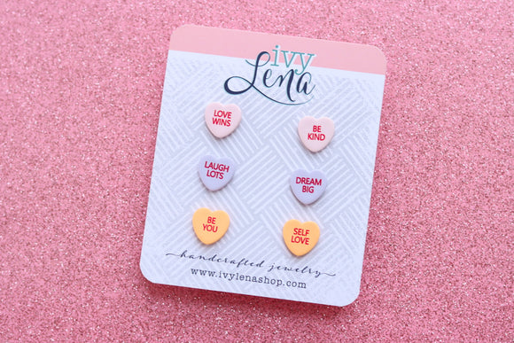 Handcrafted Polymer Clay Earrings- Conversation Heart Studs- 3 pack