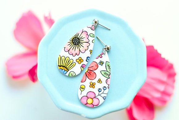 Hand-colored Polymer Clay Earrings- Floral Pattern