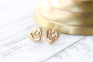 Handcrafted Polymer Clay Stud Earrings- Gold KC Hearts