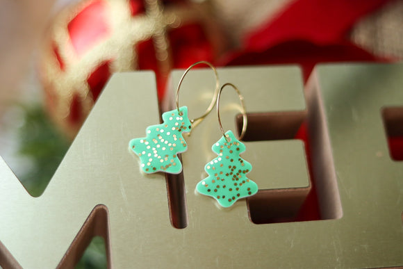 Handcrafted Polymer Clay Earrings- Green Tree/Gold Glitter
