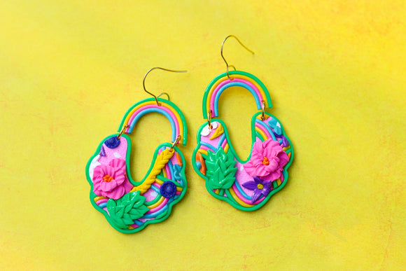 Handcrafted Polymer Clay Earrings- Rainbows and hops