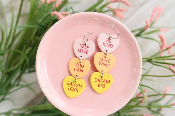 Handcrafted Polymer Clay Earrings- Encouraging Conversation Hearts