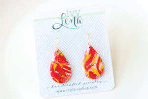 Handcrafted Polymer Clay Earrings- Red and Yellow Marble- Teardrop