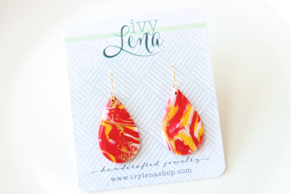 Handcrafted Polymer Clay Earrings- Red and Yellow Marble- Teardrop
