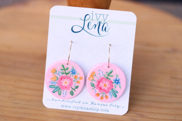 Hand-Painted Polymer Clay Earrings- Pink Floral