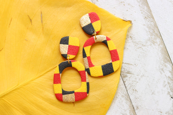 Handcrafted Polymer Clay Earrings- Red and Yellow Checker