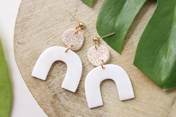 Handcrafted Polymer Clay Earrings- White & Gold Shimmer Arch