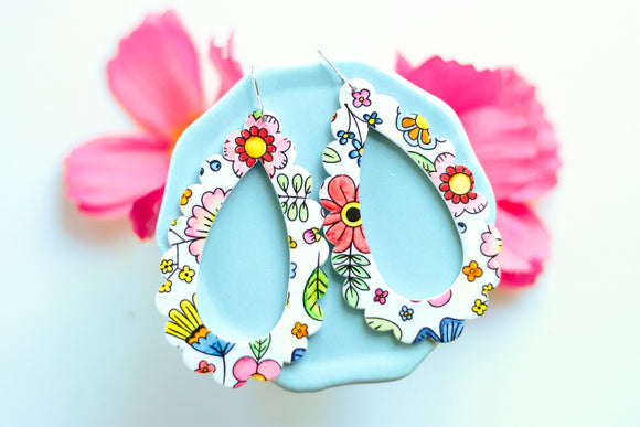 Hand-colored Polymer Clay Earrings- Floral Pattern
