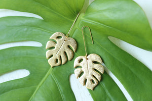 Handcrafted Polymer Clay Earrings- Gold Monstera