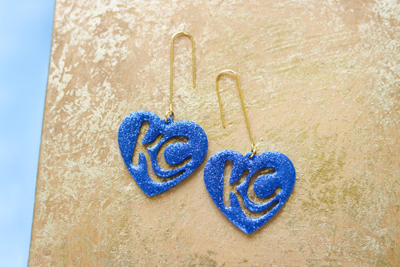 Handcrafted 3D Printed Earrings- Blue Glitter KC Heart