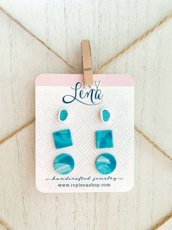 Handcrafted Polymer Clay 3 Pack Stud Earrings- Teal