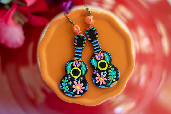 Hand Painted Polymer Clay Earrings- Guitar