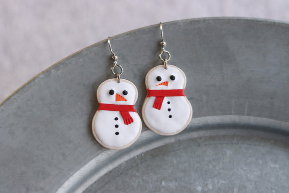 Handcrafted Polymer Clay Earrings- Snowman Sugar Cookie