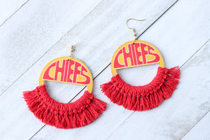 Handcrafted Print Transfer and Macramé - Wood Earrings- Chiefs