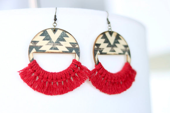 Handcrafted Print Transfer and Macramé - Natural Wood Earrings