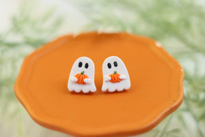 Handcrafted Polymer Clay Earrings- Pumpkin Ghost Studs