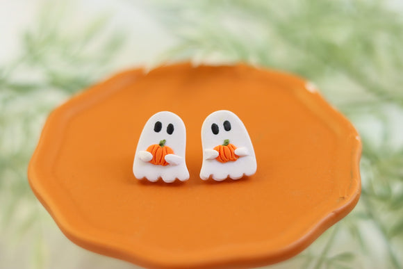 Handcrafted Polymer Clay Earrings- Pumpkin Ghost Studs