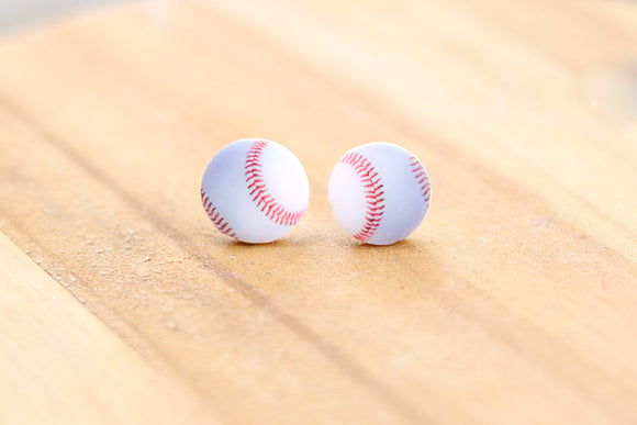 Handcrafted Polymer Clay Earrings- Graphic Transfer-Baseball Studs