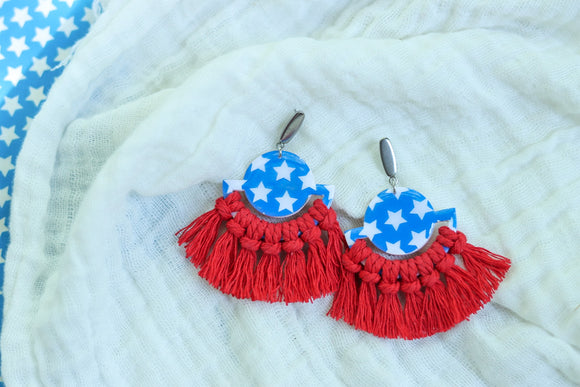Handcrafted Polymer Clay Earrings-Macramé & Graphic Transfer- 4th of July