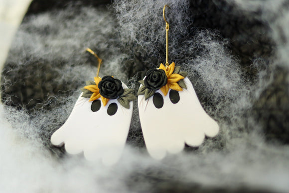 Handcrafted Polymer Clay Earrings- Large Floral Ghost