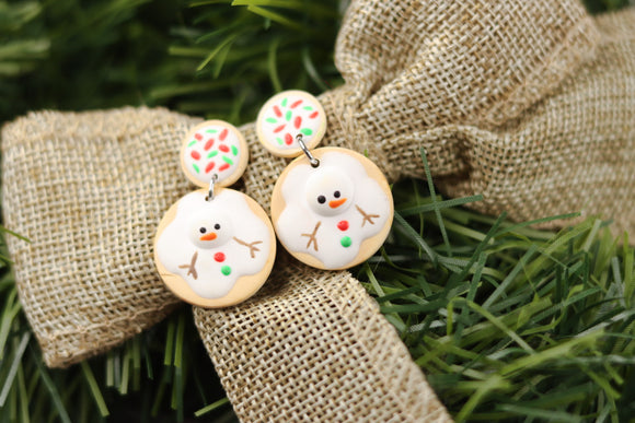 Handcrafted Polymer Clay Earrings- Melted Snowman Cookie Dangle