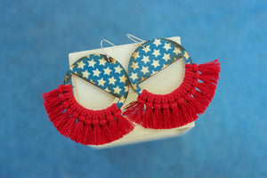 Handcrafted Print Transfer and Macramé - Wood Earrings- 4th of July