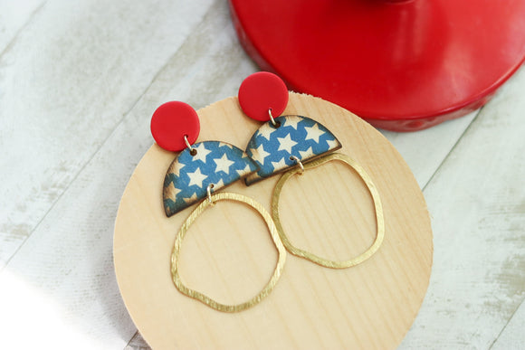 Handcrafted Print Transfer- Wood & Clay Earrings- 4th of July
