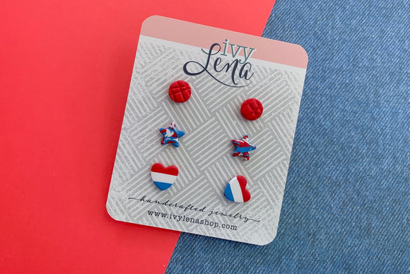 Handcrafted Polymer Clay 3 Pack Stud Earrings- 4th of July