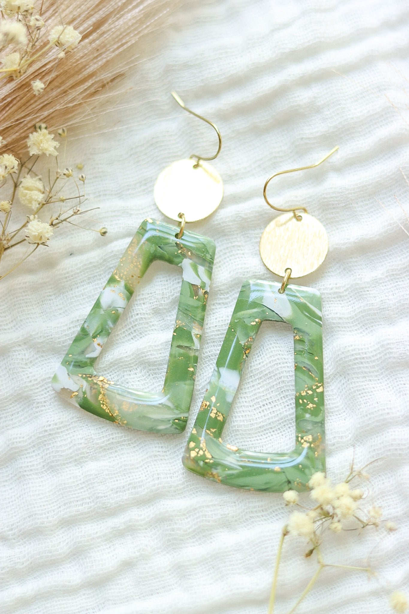 Polymer Clay Earrings| ESME| Green| Quartz| orders Round| Elegant| Gold| Marble| Gift|