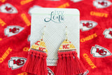 **Preorder** Handcrafted Print Transfer and Macramé - Wood Earrings- Chiefs