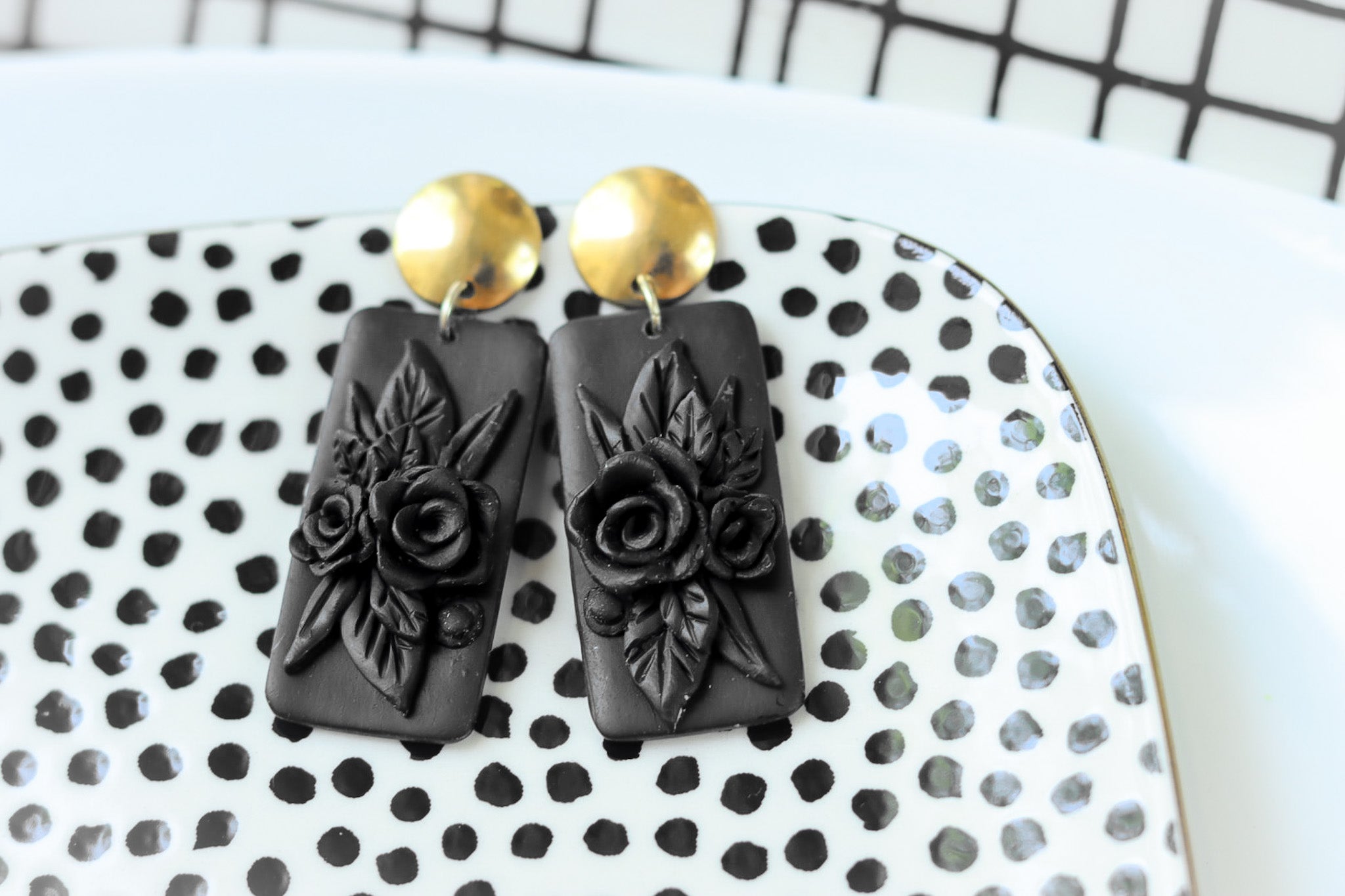 Handcrafted Polymer Clay Earrings- Black Floral – Ivy Lena