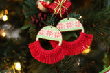 Handcrafted Print Transfer and Macramé - Natural Wood Holiday Earrings