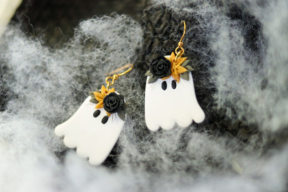 Handcrafted Polymer Clay Earrings- Small Floral Ghost