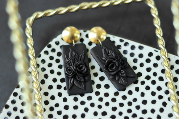 Handcrafted Polymer Clay Earrings- Black Floral
