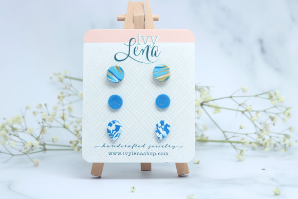 Handcrafted Polymer Clay 3 Pack Stud Earrings- Blue