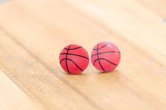 Handcrafted Polymer Clay Earrings- Graphic Transfer-Basketball Studs