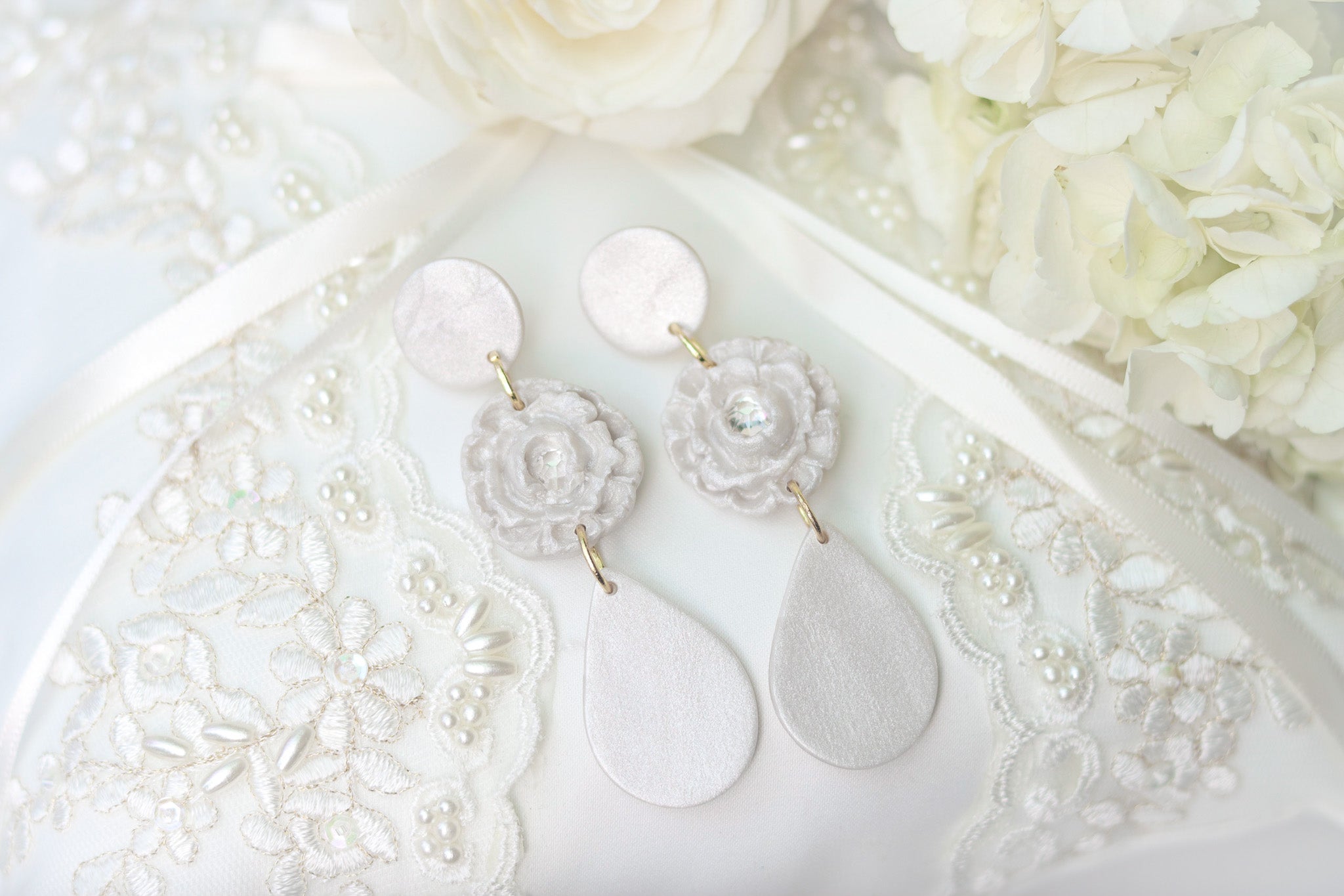 White Earrings, Flower Clay Earrings, Wedding Earrings